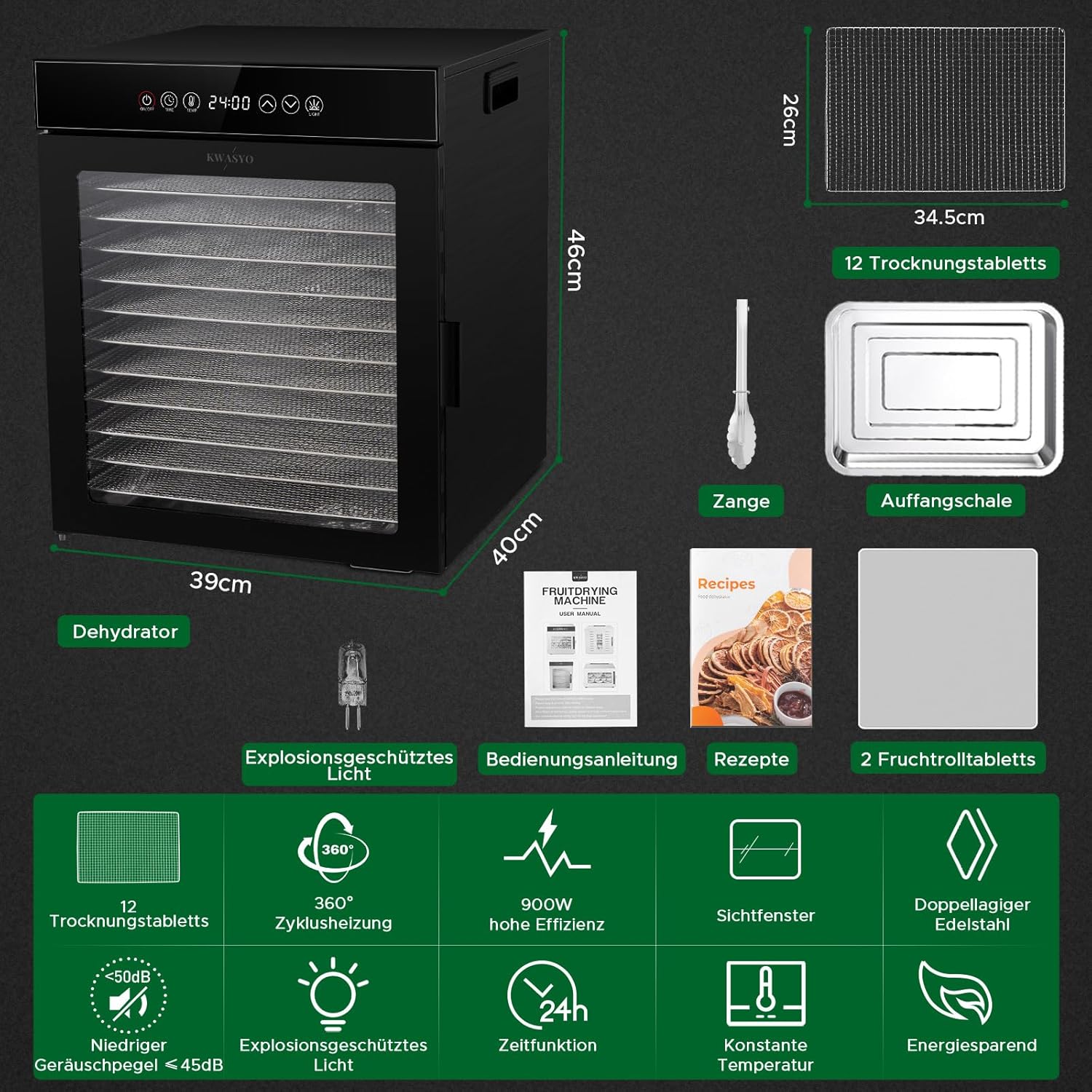 Kwasyo Dörrautomat Edelstahl, Dörrgerät 12 Etagen Ganz in Schwarz, 30-90℃ Temperaturregelung, 24 Stunden Timer, Rezeptheft für Fleisch Obst Gemüse Kräuter, 1000W, LT-09