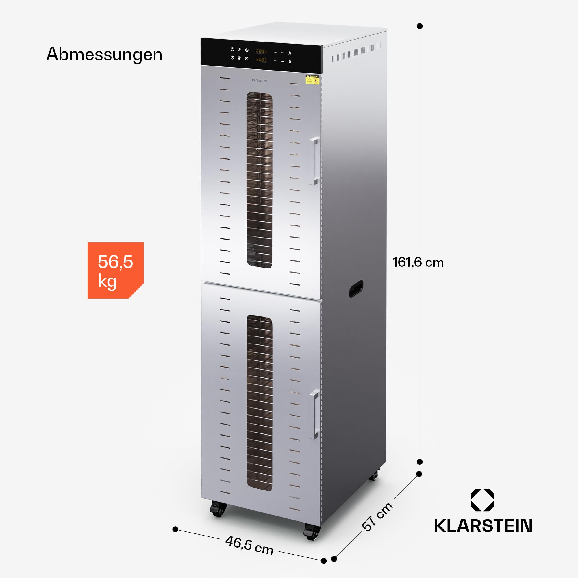 Klarstein Dörrautomat Edelstahl – 4.000-W-Dörrgerät, 48 Edelstahl-Einlegeböden, 30–90 °C, 24-Stunden-Timer, 6 Ventilatoren, 2 Trockenkammern, 50–55 dB, ideal für Obst, Gemüse, Fleisch, Kräuter, Silber