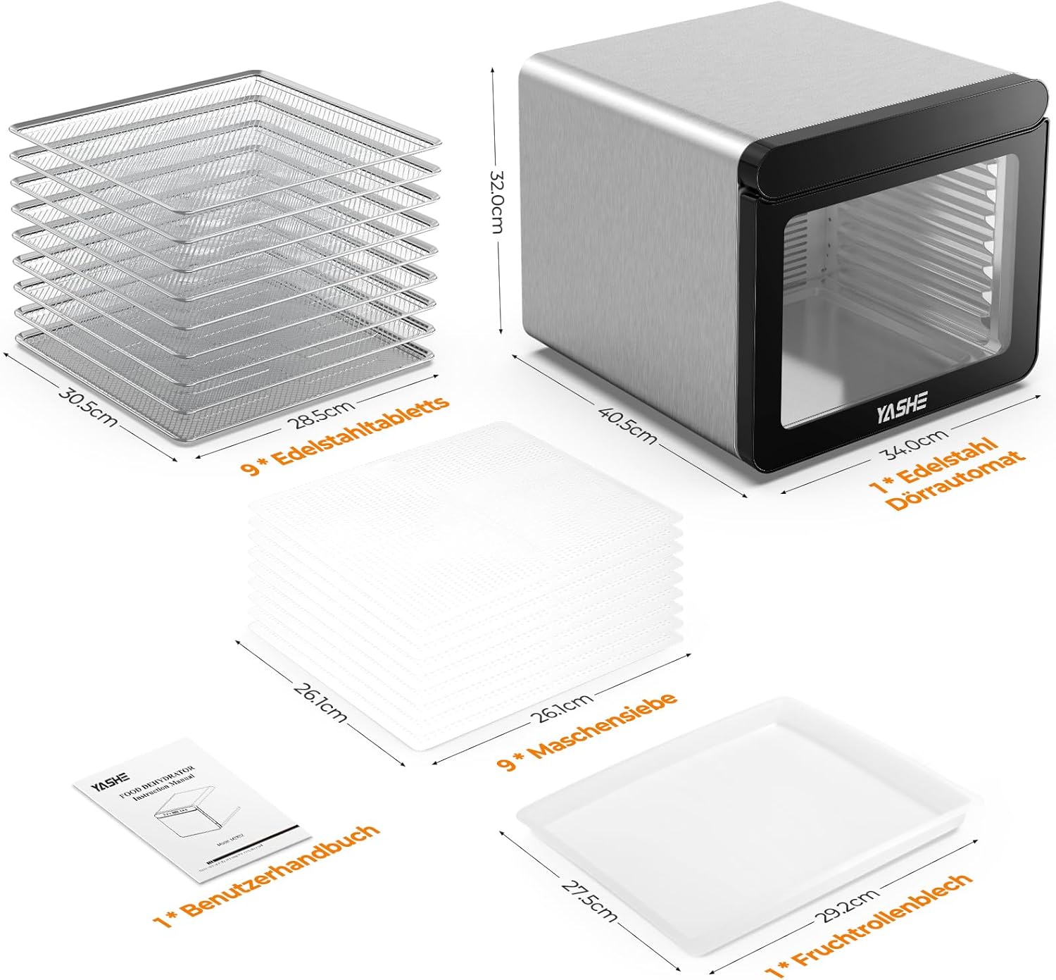 YASHE Stainless Steel Dehydrator with Digital Control (Temperature up to 75°C, Timer up to 48 Hours), 9 Trays Dehydrator for Fruit and Vegetables, Rear Fan for 360° Air Circulation, 800 W