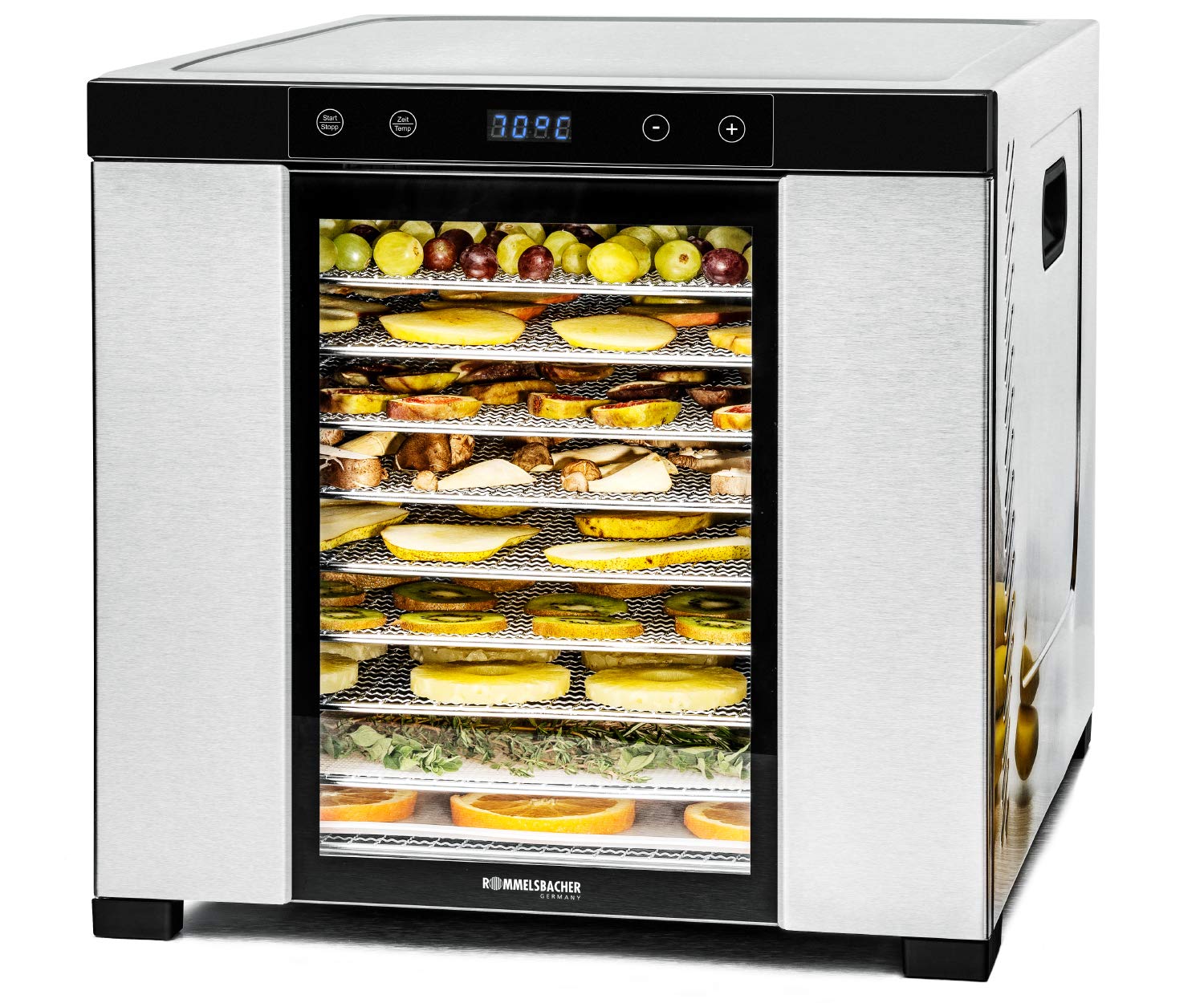 ROMMELSBACHER Dörrautomat DA 1000, XXL-Dörrfläche 1,6 m², inkl. 10 Edelstahl-Dörrtabletts, 2 Dörrgitter, 2 Dörrmatten, LED-Display, 24 Std. Zeitschaltuhr, Temperatur einstellbar (35 °C – 75 °C)