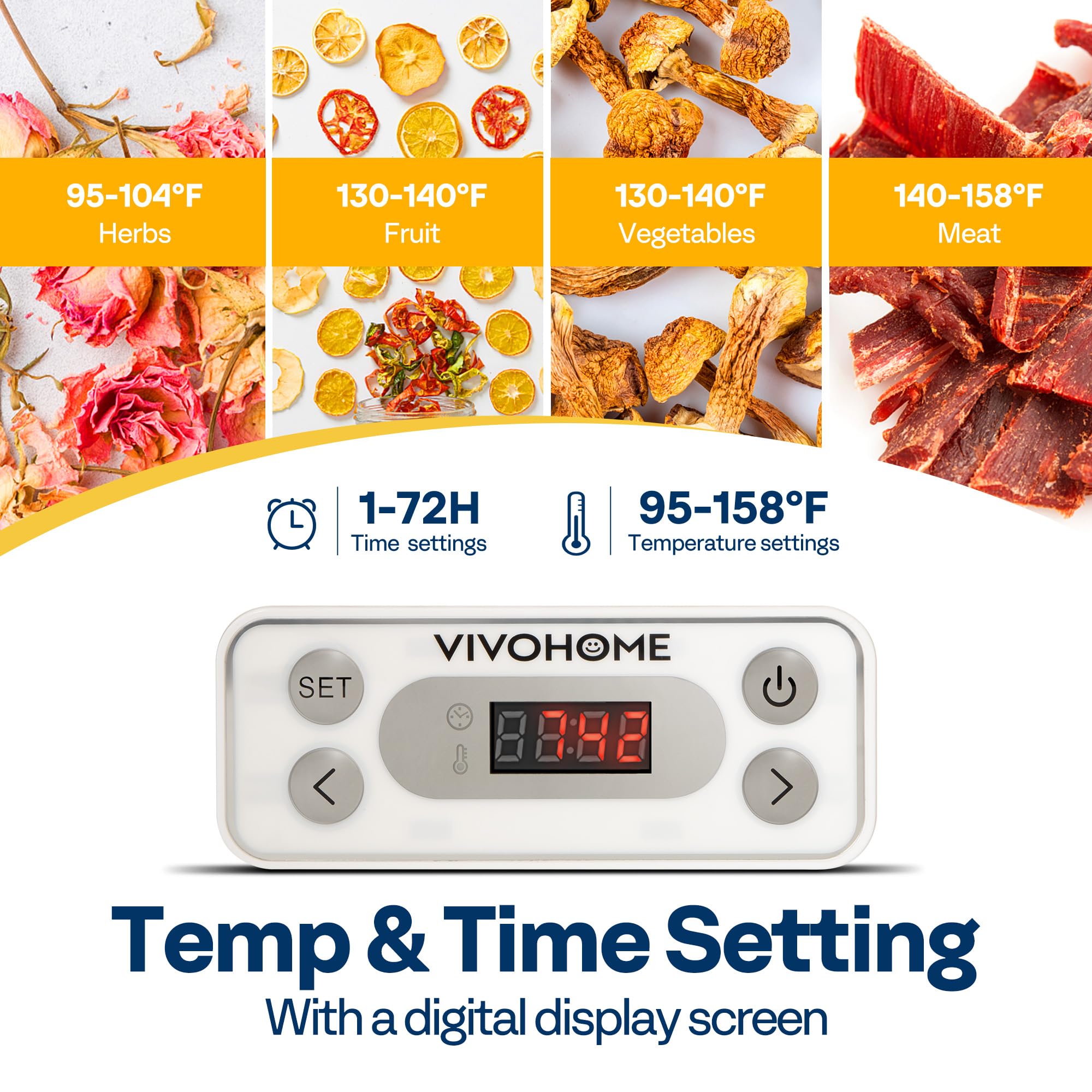 VIVOHOME Dörrautomat mit 8 Einlegefächern 400W BPA frei Dörrgerät mit Temperaturregler von 35°C bis 70°C inkl.72H Timer und Rezept für Fleisch,Obst,Haustier-Leckereiene