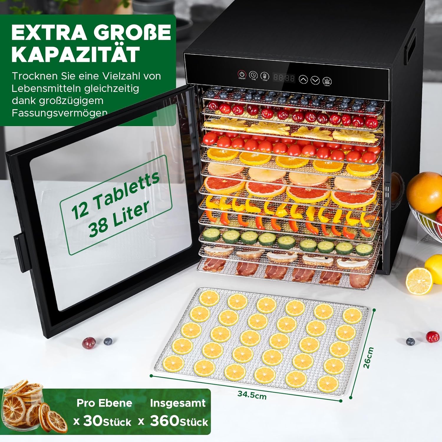 Kwasyo Dörrautomat Edelstahl, Dörrgerät 12 Etagen Ganz in Schwarz, 30-90℃ Temperaturregelung, 24 Stunden Timer, Rezeptheft für Fleisch Obst Gemüse Kräuter, 1000W, LT-09