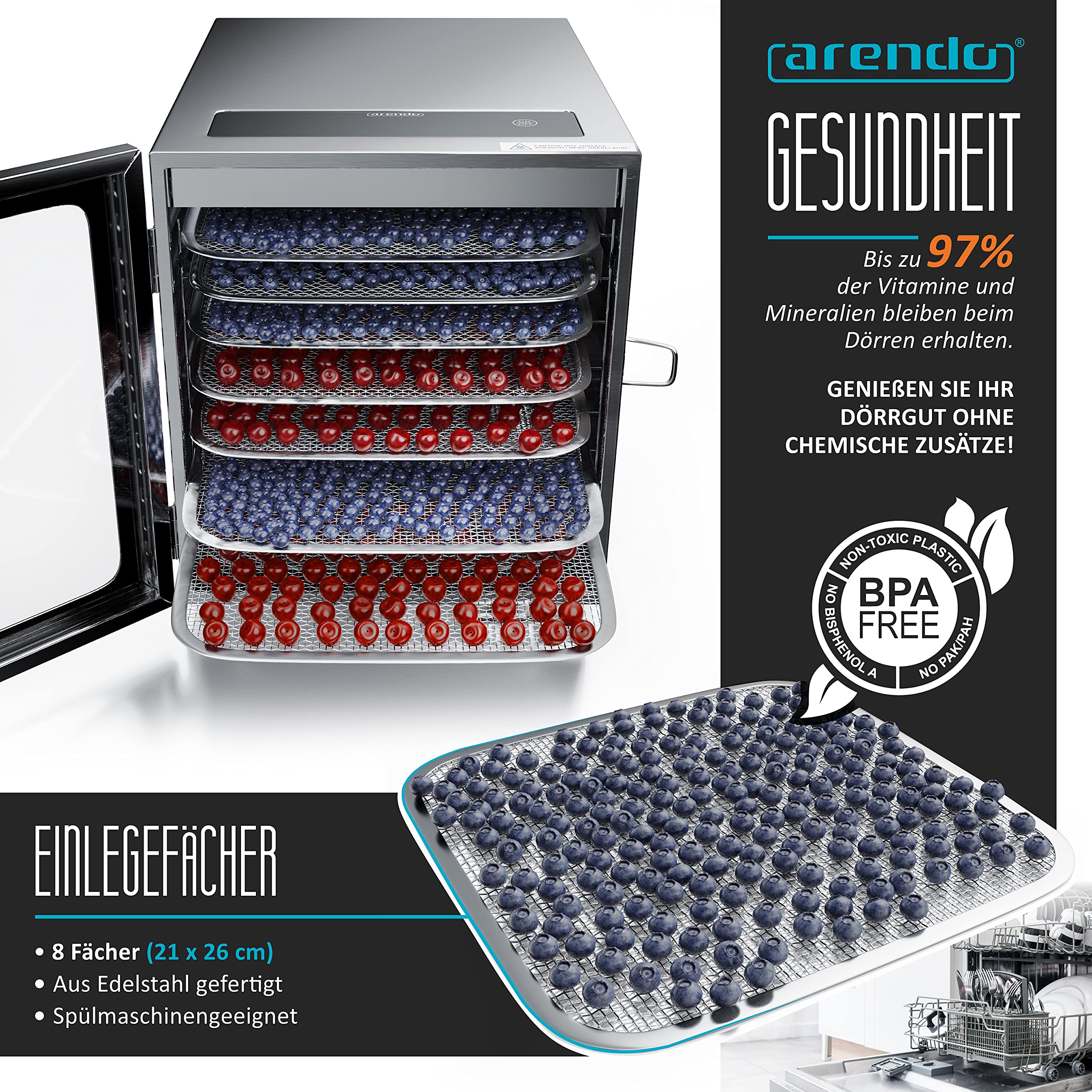 Arendo - Stainless steel dehydrator 8-fold - 500 watts with temperature control - dehydrator for food meat fruits fruit mushrooms - timer up to 24 hours - 8 compartments - GS - dehydrator